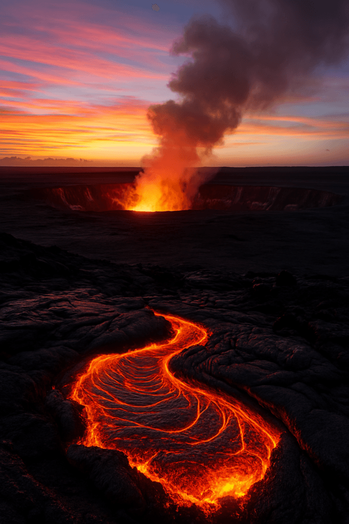 A vibrant photograph of an erupting volcano at Hawaii Volcanoes National Park, with a glowing river of lava against dark volcanic rock, a plume of smoke rising, and a colorful sunset sky in the background. One of the most scenic spots in Hawaii.