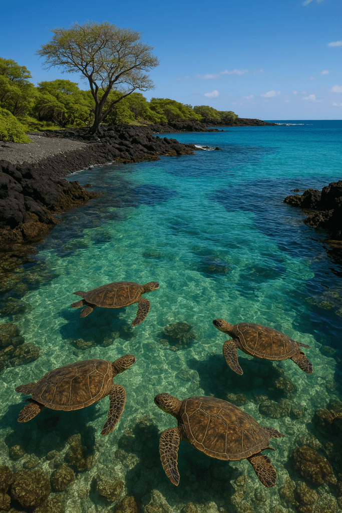Kiholo Bay, one of Hawaii's best scenic spots, featuring green sea turtles swimming in crystal-clear waters, surrounded by volcanic rocks and lush vegetation.