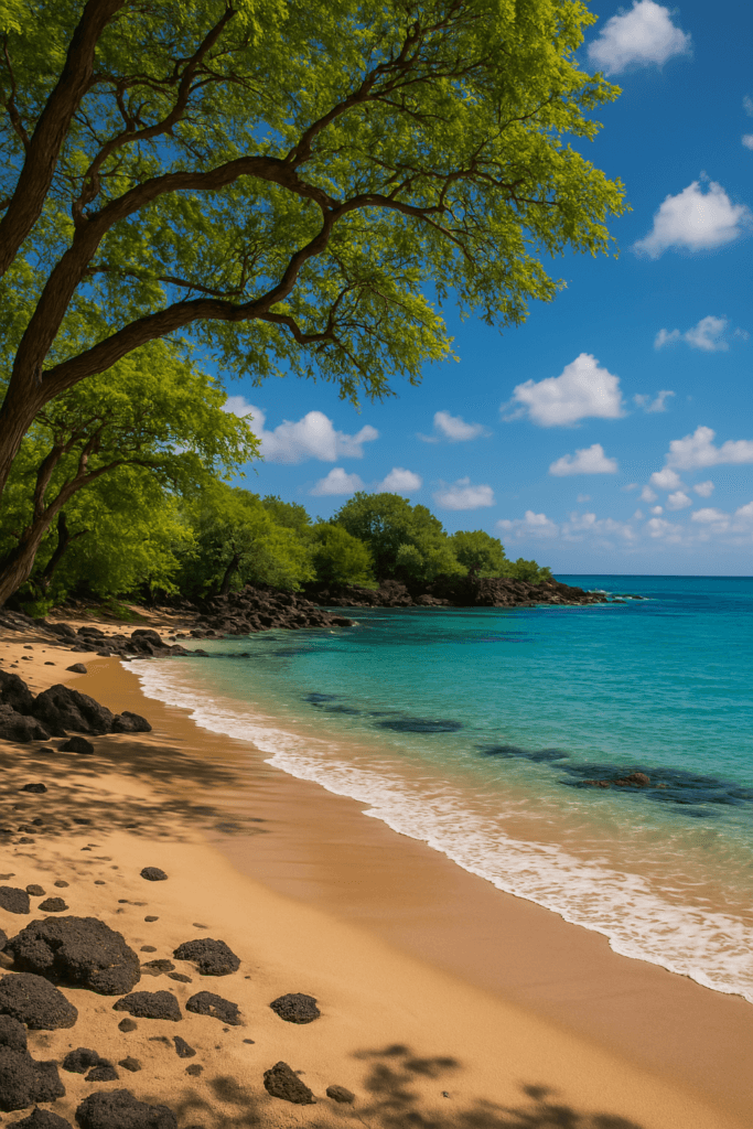 Waialea Bay (Beach 69), a stunning Hawaii scenic spot, featuring golden sands, crystal-clear turquoise waters, lush greenery, and a sprawling tree casting shadows on the beach.
